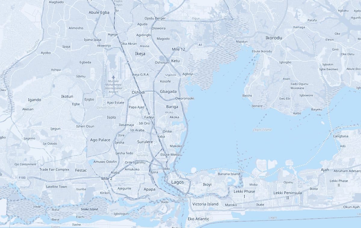 Map of Lagos, Nigeria, showing the lagoon, Lagos Island, Victoria Island and Lekki